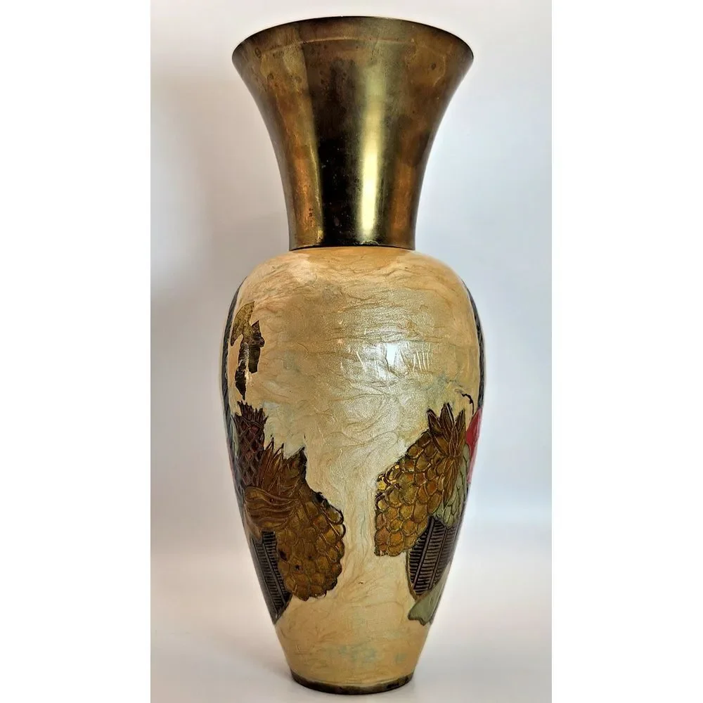 Vintage Enamel on‎ Brass Vase w/ Removable Neck Fruit Basket Design Hand Made